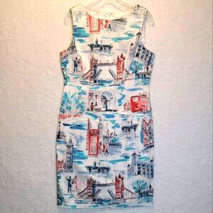 Chetta B London Novelty Print Graphic Cotton Sheath Dress Big Ben Tower Bridge